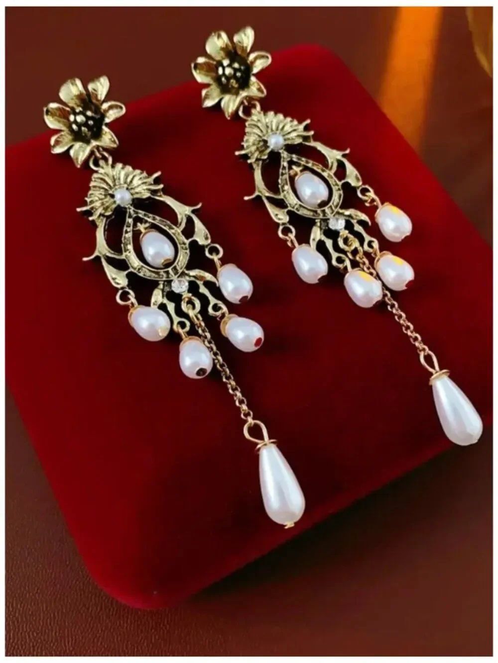 Boho Glam Victoria Flower Tassel Earring Antique Gold Pearl Chandelier Statement
